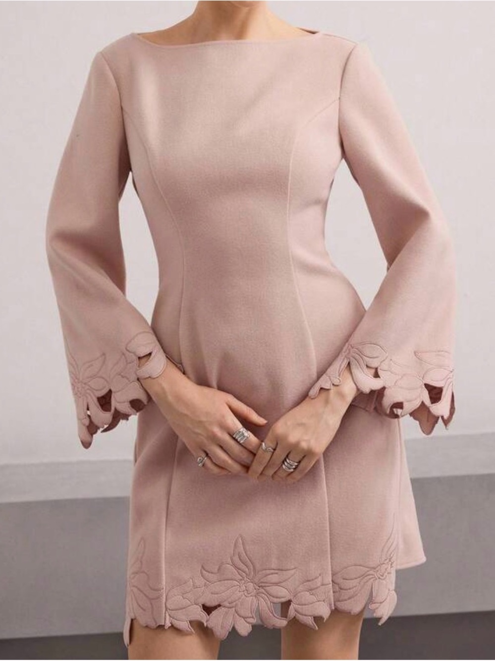 Elegant Blush Pink Mini Dress with Floral Hem